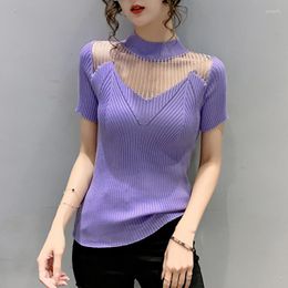 Women's T Shirts Thin Knitted Mesh Patchwork Shirt Women Summer Tops Hollow Out T-Shirts Short Sleeve Woman Clothes Tee Femme Camisetas