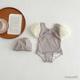 Two-Pieces Summer New Bay Cotton Grid Swimsuit Hat Pieces Suit Girls Short Chiffon Lace Sleeve And Romper To Water Swim