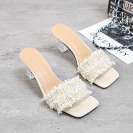 Slippers Women New Summer Luxury Party Female Plus Size 44 Women's Heeled Sandals Square Toe Sandals String Bead Transparent High Heels G230509