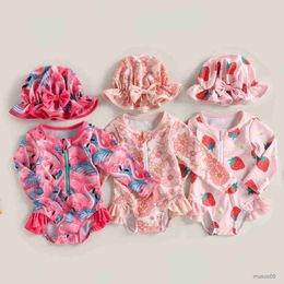 Two-Pieces Toddler Baby Girl Swimsuit Ruffles Long Sleeve Strawberry/Floral/Flamingo Print Bathing Suit Sun Hat