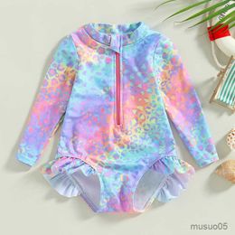 Two-Pieces Girl Swimsuits Colorful Fish Scale Print Ruffles Long Sleeve Jumpsuit Swimwear For Infant Girls Beachwear Bathing Suits