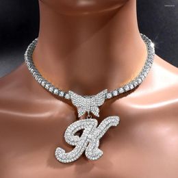 Chains Fashion Butterfly Cursive Letters Pendant Necklace For Women Bling 26 Initials Tennis Chain Cuban Hip Hop Jewelry