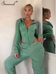 Women's Tracksuits Simenual Casual Workout Sporty Two Piece Set for Women Autumn Long Sleeve Hooded Lounge Wear Zipper Corset Top And Pants Outfits P230506