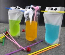 New Clear Drink Pouches Bags frosted Zipper Stand-up Plastic Drinking Bag with straw with holder Reclosable Heat-Proof 17oz