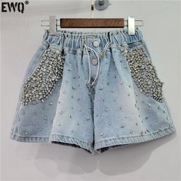 Women's Shorts EWQ Women Diamonds High Waist Denim Shorts Streetwear Vintage Drawstring Wide Leg Short Pants Summer Clothes 700 230509
