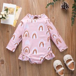 Two-Pieces Baby Girls Long Sleeve Bodysuit Swimsuit Rainbow Printing Round Neck Stitching Summer Swimwear For Infant Girls