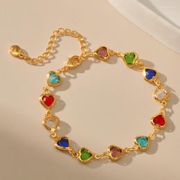 Link Bracelets 18K Gold Plated Candy Colour Crystal Glass Heart Cute Love Charm Chain Bangle Jewellery Women Girls Cuff Handmade