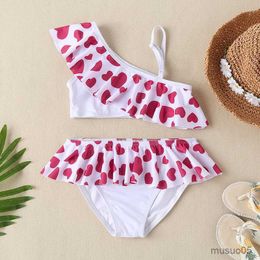 Two-Pieces Kid Girls Bikini Sets Sleeveless Off Shoulder Heart Print Crop Vest Tops Summer Beach Swimwear For Girls
