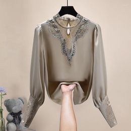 Women's Blouses Blouse Female 2023 Ultra-foreign European Lace Shirt Temperament Bubble Sleeve Drape Acetate Satin Chiffon