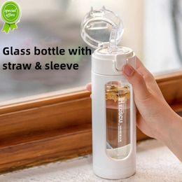 Double Portable Glass Cute Water Bottle with Plastic sleeve Kawaii Cup Tumbler With Straw Gifts for Girls Milk Coffee Juice