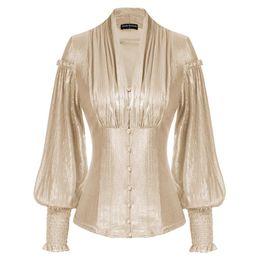 Shirt SD Women Renaissance Shiny MetallicLike Shirt Long Lantern Sleeve Buttonup Tops Solid Vneck Victorian Steampunk Blouse A30