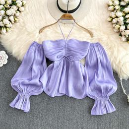 Women's T Shirts Girl Sexy Hanging Neck Off Shoulder Shirt Women's Spring 2023 French Vintage Bubble Sleeve Pleated Top