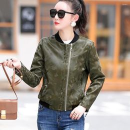 Women's Leather Women Camouflage Jacket Spring Autumn Casual Baseball Uniform Style Sheepskin Short Coat Loose Split