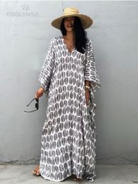 Women's Swimwear 2023 Grey Print Plus Size Kaftan Bikini Cover-ups Casual V-neck Maxi Dress Summer Women Clothes Beachwear Swimsuit Cover