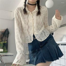 Women's Knits White Lace Hollow Out Long Sleeve Top Women Doll Collar Lolita Fashion Blouses And Shirts Autumn Spring Vintage Elegant