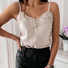 Camisoles Tanks Summer Women Sexy Camisole Lace V Neck Spaghetti Strap Tank Top Ladies Satin Silk Feminino Button Vest Femme 230508