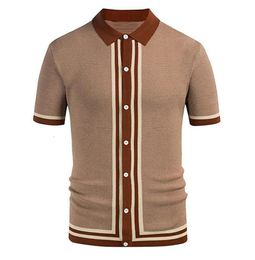 Men's Polos 2023 Summer Vintage British Style Lapel Jacquard Knitted Button Cardigan Short Sleeve Business Polo Shirt 230508