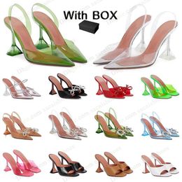 famous Women Amina Muaddi Begum High Heels Sandals Shoes Bow Crystal-Embellished Buckle Pointed Toesl Sunflower transparent Sandal Summer lady party Dress Shoes