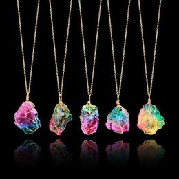 Pendant Necklaces 2023 1 PC New Rainbow Stone Natural Crystal Chakra Rock Necklace Golden Plated Quartz Nice Gift For Lover Friends Y23