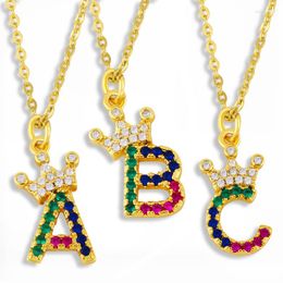 Pendant Necklaces FLOLA Small Multicolor 26 Letter Necklace Alphabet Crystal Crown A-Z Initial For Women Gold Plated Jewelry Nket03