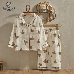 Pajamas EWODOS 1-6 Years Toddler Baby Kids Unisex Casual Pajama Suit Cartoon Bear Print Long Sleeve Front Pocket Lapel Tops Long Pants 230509