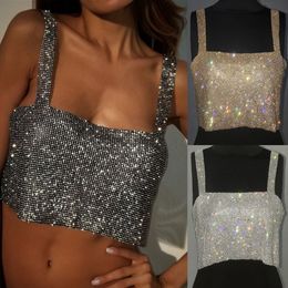 Camisoles Tanks Summer Sexy Sequined Sleeveless Slashneck Adjustable Tank Top Lady Club Crystal Chainmail Crop Tops 230508