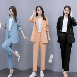 Women's Suits Women Blazer Pants Sets Two Pieces Office Ladies Double Breasted Elegant Long Sleeves Outerwear High Waist Women's