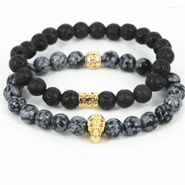 Strand 2pcs High Quality Natural Snowflak/lava Volcanic Stone Beads Men Bracelet Beaded Gold-color Charm Women