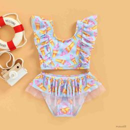 Two-Pieces Girls Swimwear Kids Bikini Sets Summer Mesh Ruffle Ice Printed Swimsuit Children Bathing Suits Baby Beachwear
