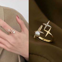 Band Rings 2023 New Korean Gold Color Four Pointed Star Rings For Women Simple Zircon Cross Opening Adjustable Finger Rings Daily Jewelry Z0509