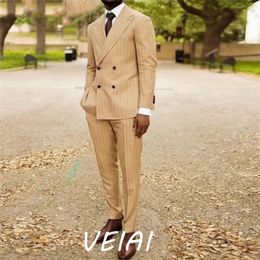 Men's Suits Blazers Khaki Pinstripe Men Suits Peaked Lapel Double Breasted Business Wedding Suit trajes de hombre Blazer Jacket Men Tuxedos 2 Piece 230509