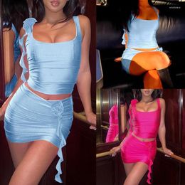 Work Dresses Solid Colour Summer 2 Pieces Outfits For Women Rosette Floral Tanks Top Sexy Mini Bodycon Skirt Cute Crop Tops Streetwear N7YD