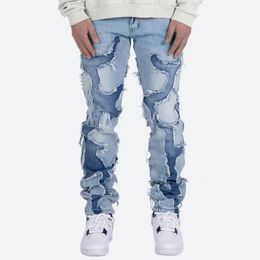 Men's Jeans High Street Vibe Style Patchwork Frayed Pants for Men Retro Washed Hole Ripped Casual Loose Denim Trousers Oversized 230509