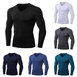 Men's T Shirts Spring Plus Velvet V-neck Fitness Long-sleeved PRO Tight Training Suit High-elastic Running Sports Shirt T-shirt