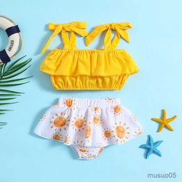 Two-Pieces Baby Girl Bikini Swimsuit Sleeveless Of Shoulder Vest Beach Pool Sun Print Shorts Swimwear For Infant Girls