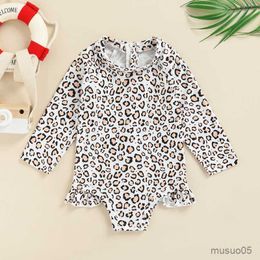 Two-Pieces Kids Girls Swimwear Spring Summer Floral Leopard Print One-piece Swimsuit for Girl Long Sleeve Swimming Suit