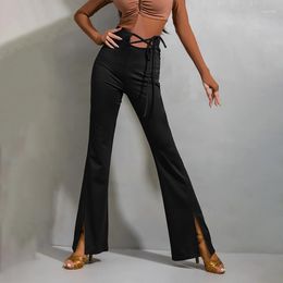 Stage Wear Latin Dance Pants Women Lace Up High Waist Flare Trousers Black Ballroom Practice Adult Clothes BL9023