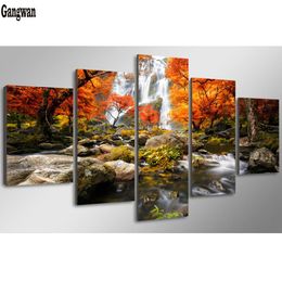 Stitch 5d DIY diamond painting 5 Panel Autumn Nature Lake Forest Waterfall Landscape full diamond embroidery mosaic cross stitch decor