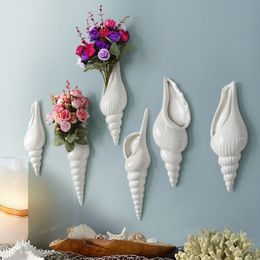 Decorative Objects Figurines 1Pc Amagogo Modern White Ceramic Sea Shell Conch Flower Vase Wall Hanging Home Decor 230508