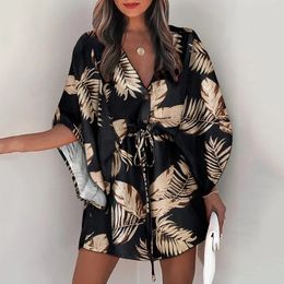 Casual Dresses Summer Casual Boho Dresses Women's Flora Printed Batwing Sleeve Lace-Up Dress Female Irregular Sexy Beach Mini Dresses Vestidos 230509