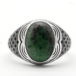 Cluster Rings S925 Sterling Silver Inlaid Oval 14 10 Natural Green Agate Gemstone Men's Ring Turkish Jewelry