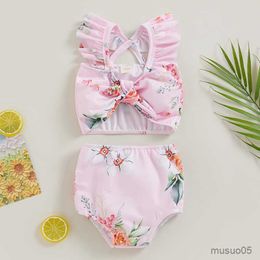 Two-Pieces Baby Girls Swimwear Kids Bikini Set Summer Ruffle Sleeve Floral Bathing Suit Toddler Beachwear Children Swimsuits