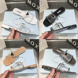 New Women Slippers Triangle sign Slides Summer Mules imported transparent PVC Flip Flops soft breathable square head sandals full set bag box