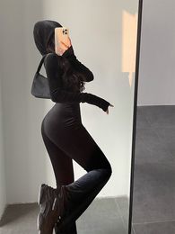 Women's Jumpsuits Rompers TVVOVVIN Fashion Black Velvet Slim Hooded Zipper Long Sleeve Flare Pants Jumpsuit Korean Sexy Tops 9P64 230509