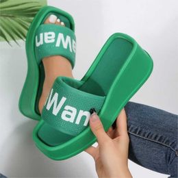 Slippers slippers women 2023 women slides new rhinestone letters square head open toe plus size wedge heel thick bottom muffin slippers G230509