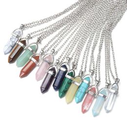 Pendant Necklaces 1PC Silver Plated Natural Quartz Crystal Hexagonal Chakra Healing Point Pendulum Stone Choker Necklace Jewellery Accessory Y23