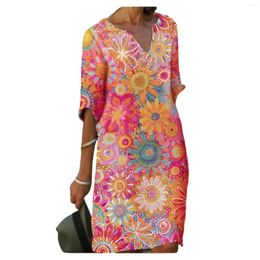 Casual Dresses Short-sleeved V-neck Dress Floral Print A-line Skirt Multi-color Loose Midi Women's 2023 Summer Women