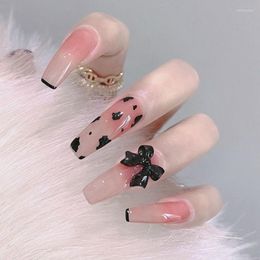 False Nails 24 Pcs With Black Bow Transparent Fake Long Coffin Ballerina Nail Press On Manicure Art Tips