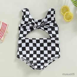 Two-Pieces Baby Girls Bodysuit Swimwear Sleeveless Crew Neck Plaid Hollowed Bowknot Infant Girls Summer Swimming Bathing Suits