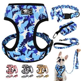 Carrier Nylon Dog Collar Leash Harness Poop Bag Set Adjustable Printed Dog Collars Harnesses Walking Leashes For Small Medium Large Dogs